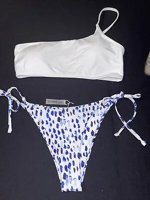 Cute One Shoulder Mix & Match Zaful White & Blue Bikini Swimsuit Small/Medium • £12.54