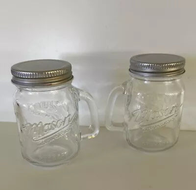 New 2 Mason Embossed Clear Glass Jar With Handle 4 Oz • $12.99