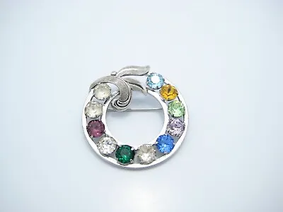 Van Dell Sterling Silver Round Multi Colored Rhinestones Leaves Pin Or Brooch • $22.49