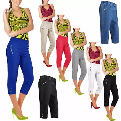 Womens 3/4 Capri Trousers Cropped Shorts Ladies Stretch Pedal Pushers Pants 8-26 • £13.95