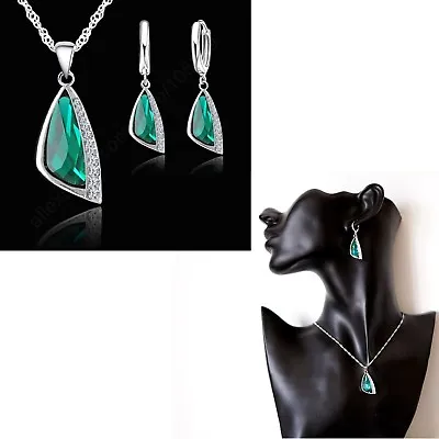 £7.90 • Buy Women 925 Silver Triangle Green Crystal Necklace And Earring Jewellery Set Gift
