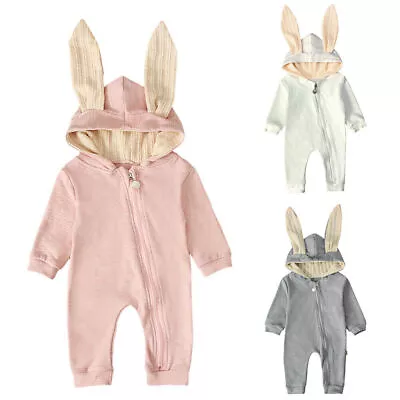 Newborn Indant Baby Rabbit Costume Easter Bunny Zipper Hooded Romper Jumpsuit* • £15.24