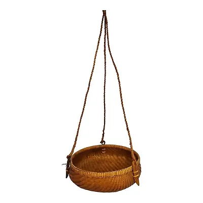 Vintage Rattan Planter Fruit Basket Hanging Wicker Storage Carved Wood Boho • $38