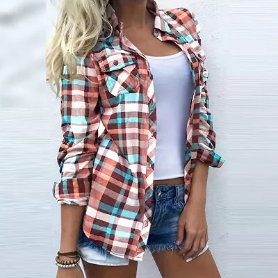 Womens Plaid Checked Button Shirt Blouse Ladies Long Sleeve Casual Loose Tops UK • £12.99