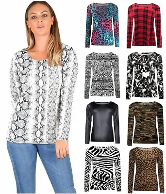 £6.95 • Buy Womens Long Sleeve Stretchy T-Shirt Round Neck Printed Casual Ladies Top (8-22)