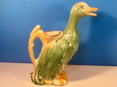 Antique Majolica Green & Yellow Duck Pitcher With Cattail Handle • $265