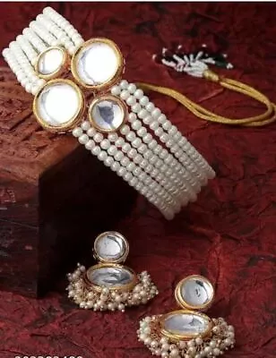 Indian Bollywood Gold Tone Pearl Stones Necklace Earring Jewelry Set For Women • $37.03