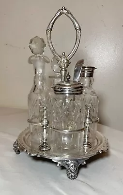 Antique 1800's Ornate Cut Crystal Silver Plate Figural Cruet Condiment Set Caddy • $298.99