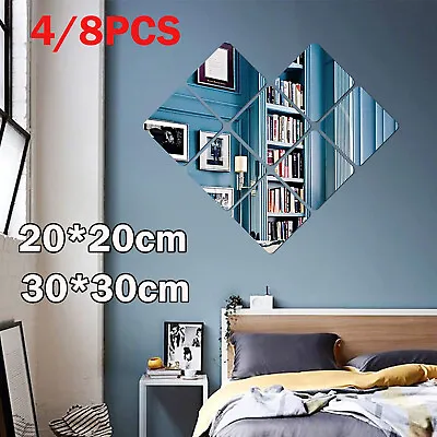 4/8Pcs Mirror Tile Wall Sticker Square Self Adhesive Room Decor Stick On Art • £17.99