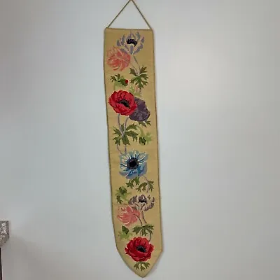Vtg Anemone Poppy Floral Finished Needlepoint Bell Pull Wall Hanging 8.5x44  • $49.99