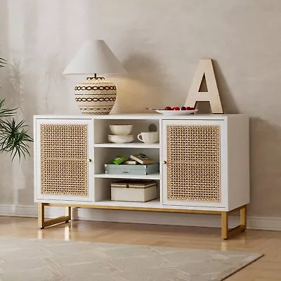 47  Mid Century Modern TV Stand White With Adjustable Shelf Rattan Sideboard • $252.79