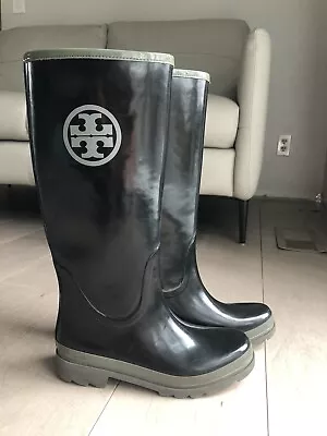 Tory Burch Tall Logo Black & Gray Rubber Rain Boots Size 8 • $99