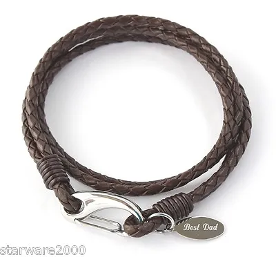 Mens Personalised Leather Wrap Bracelet Free Engraving • £17.95