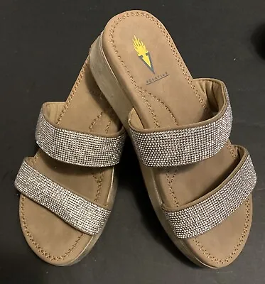 Volatile Womens Sz 6 Wedge Sandals Gold  Rhinestone Bling Sparkle Padded Comfort • $29.50