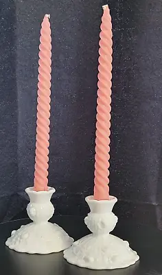 Vintage Set Of 2 FENTON WHITE MILK GLASS CABBAGE ROSE Candle Stick Holders • $34