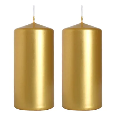 2 X Gold Metallic Pillar Candles Unscented Long Burning Time Wedding 10 X 5 Cm • £8.97