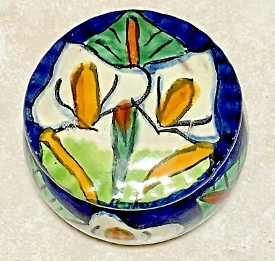 Mexican Talavera Folk Art Pottery Trinket Box With Lid And White Calla Lilies  • $9.99