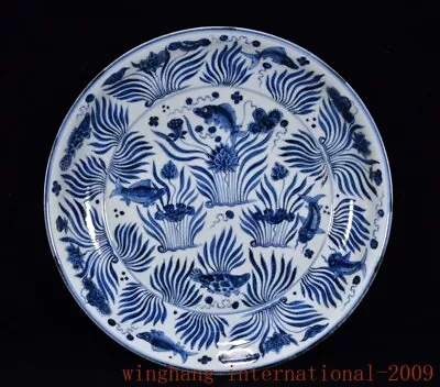 China Ming Dynasty Blue And White Porcelain Fish Seaweed Tray Pallets Dish Plate • $594.15