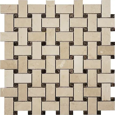 Simple Tile - Marble Mosaic Tile Basketweave Collection Crema Marfil +Emper Dark • $6.99