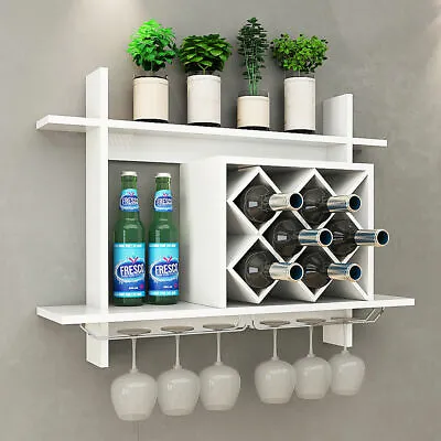 $78 • Buy Wall Mount Wine Rack W/ Glass Holder & Storage Shelf Organizer Home Decor White