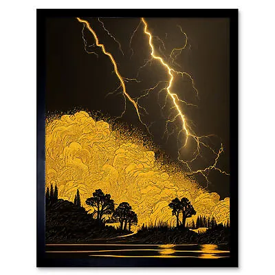 Gold Black Thunder Storm Lightning Lakeside Framed Wall Art Picture Print 12x16 • £11.99