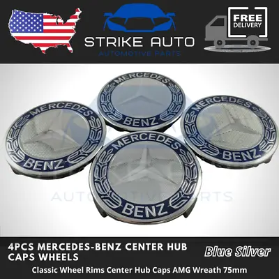 $17.99 • Buy MERCEDES BENZ SET OF 4 BLUE & SILVER 75MM Wheel Rims Center Hub Caps AMG Wreath