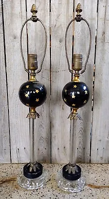 2 Vintage French Glass Black Gold Star Globe Table Lamps • $99.99