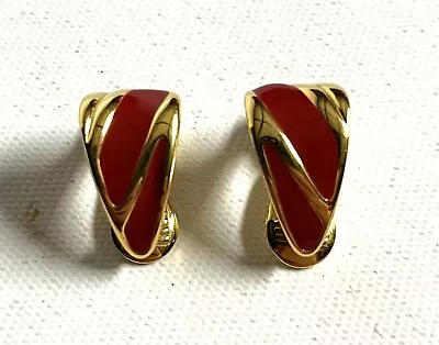 Vintage Monet Red Enamel Gold Tone Clip On Earrings • $14.99