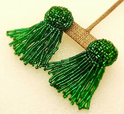 Vintage Green Seeds Beaded Earrings Fringe Tassel Clip Dangle Handmade Jewelry • $12.99