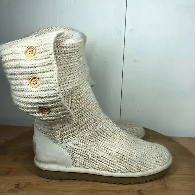 UGG Boots Womens 7 White Beige Chunky Knit Classic Button Casual Shoes Winter • $19.97