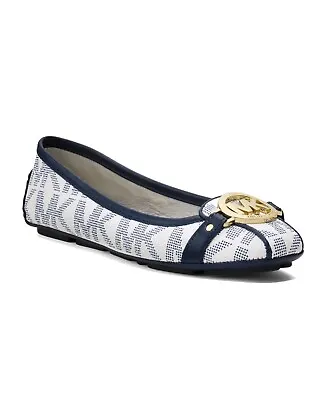 Michael Kors FULTON GOLD MK LOGO SIGNATURE WHITE NAVY SHOES SIZE 10 • $65