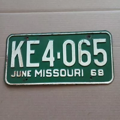 1968 Missouri License Plate -  KE4-065  (white On Green) JUNE MISSOURI 68 • $32.50