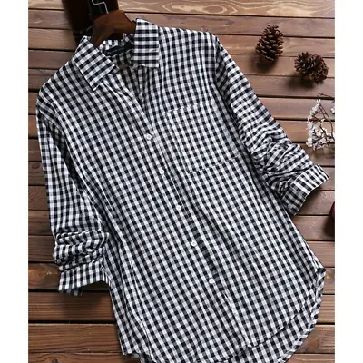 Womens Check Plaid Long Sleeve Loose Shirt Ladies Casual Tops Blouse Plus Size  • £23.35