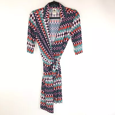 S-12 S-Twelve Wrap Dress Geometric Colorful 3/4 Sleeve Stretch Size S • $8.49