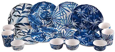 Melamine Plastic Dining Set - Plate Cups Bowl - Blue Tropical Leaf - 16 Piece • £38.99