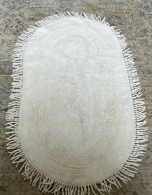 Vintage 1960s Off White Pair Oval Fringe Shag Bathroom Throw Rug 47 X 27” Set • $35