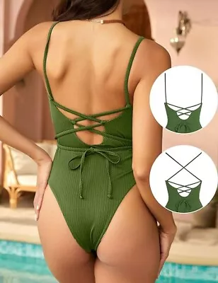 ZAFUL Womens One Piece Swimsuit Lace Up Tie Back Ribbed Olive Green US Size 8/L • $19.99