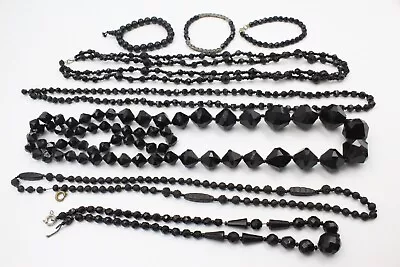 Lovely Antique Vintage French Jet Black Mourning Glass Necklace Broken Lot • $25