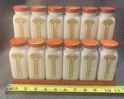 $80 • Buy Vintage GRIFFITHS SPICE Rack 12 Milk Glass Jars Bottles Red Metal Lids + Holder