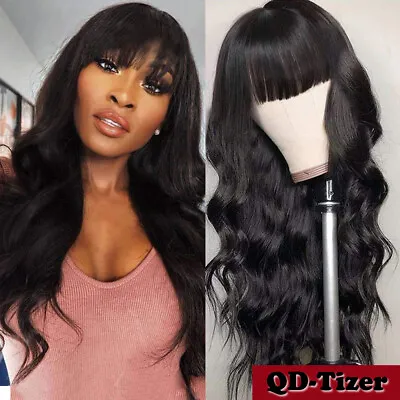 $20.40 • Buy Heat Resistant Fiber Full Bangs Synthetic Hair No Lace Wigs Natural Fashion Wavy