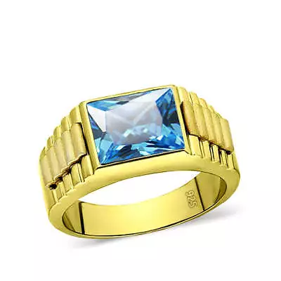 Mens Solid 18K Gold Plated Blue Topaz Gemstone Ring 2 Natural Diamond Accents • £152.52