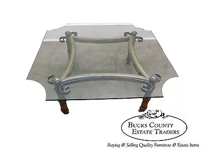 Vintage Spanish Mediterranean Style Walnut Scrolled Metal Glass Top Coffee Table • $465
