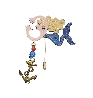 Vintage Whimsical Fanciful Flights Painted Mermaid ROSSI 2 3/4  Stick Brooch • $11.99