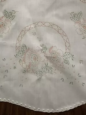 Vintage STAMPED To EMBROIDER Cream Linen Table Runner Dresser Scarf Floral • $10.96