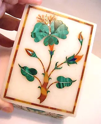 Vintage 4 X3  Jewelry Trinket Box Pietra Dura Mosaic Malachite Inlay Marble • $85