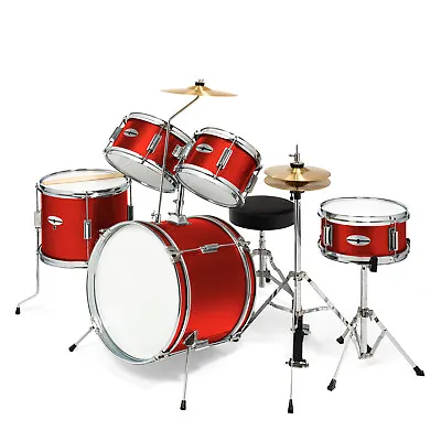 Junior Drum Set With Brass Cymbals - 5-Piece Starter Kit - Red • $159.95