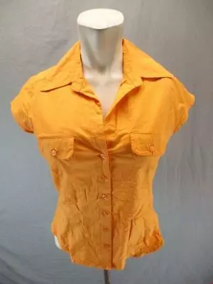 H&M Size 8 Womens Orange Short Sleeve Cotton Stretch Button-Up Shirt Top 6G929 • $10