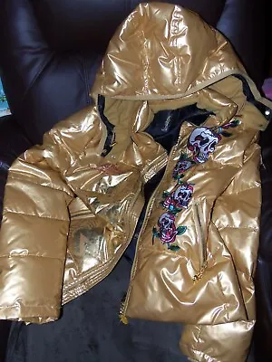 ED HARDY By Christian Andigier. Y2K Vintage RARE Gold Puffer Jacket Size Large • $130