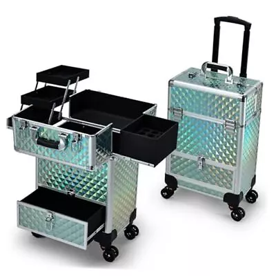  Rolling Makeup Case With Drawer Travel Trolley Cosmetology Case On Watery Blue • $131.58