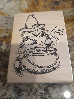 Magenta - Cat With Witch Cauldren Wood Rubber Stamp • $10